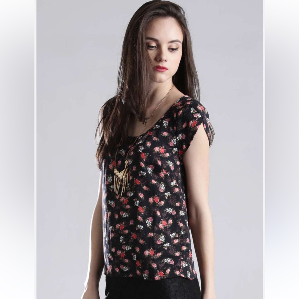 New Guess Jeans Ditsy Floral Flower S/S Sleeves Open Back 0 XS Blouse Top